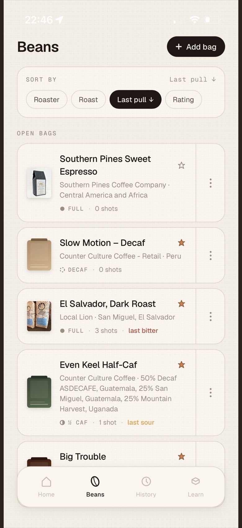 Beans screen — your open bags with roast, caffeine, and last-shot verdicts